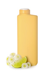 Obraz na płótnie Canvas Bottle of shower gel, slice of lime and flowers on white background