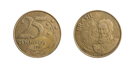 25 Centavos of Brazil coin from 2001 with Manuel Deodoro de Fonseca, obverse and reverse.