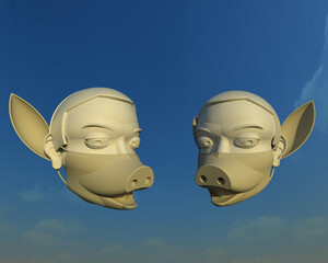 Innovative safety masks for pigheaded 3D illustration. Two character heads wearing pig face masks, isolated on blue sky background. Collection.