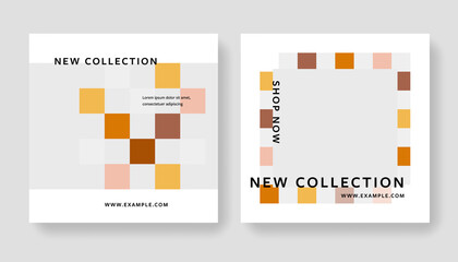 Clean editable social media layouts with modern color palette and square elements, Instagram and facebook with place for photo, trendy business templates