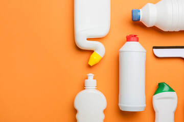 Set of cleaning supplies on color background