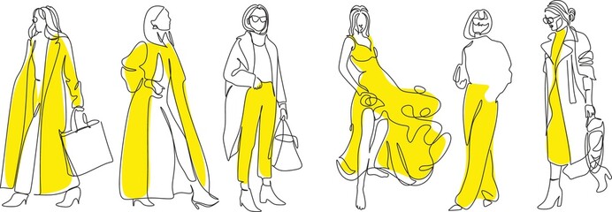 One line woman fashion, creative freehand composition in contemporary abstract style with colorful geometric elements. Beauty fashion female young figure. Tempura design for print, card, poster