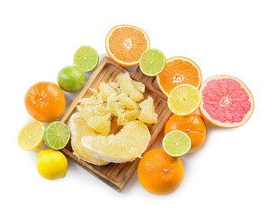 Fresh citrus fruits on white background