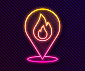Glowing neon line Map pointer with fire flame icon isolated on black background. Fire nearby. Vector