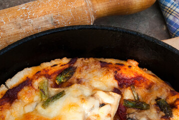 Vegetarian pizza with asparagus and vegetable cheese. Gluten free pizza.