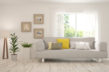 White living room with sofa and summer landscape in window. Scandinavian interior design. 3D illustration
