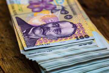 Detail of LEI banknotes. Staks of Romanian LEI banknotes. World money concept, inflation and economy concept