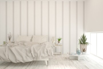 Soft color bedroom interior. Scandinavian design. 3D illustration