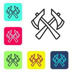 Black line Firefighter axe icon isolated on white background. Fire axe. Set icons in color square buttons. Vector