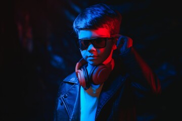 Fototapeta na wymiar Studio shot in dark studio with neon light. Portrait of a stylish boy with headphones