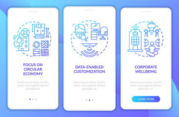 Future workspace design onboarding mobile app page screen with concepts. Data-driven customization walkthrough 3 steps graphic instructions. UI, UX, GUI vector template with linear color illustrations