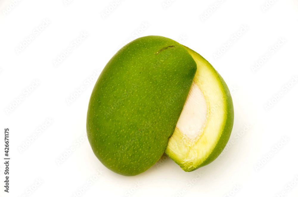 Sticker closeup of a ripe sliced green mango isolated on a white background