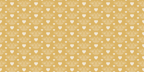 Romantic background pattern with butterflies and hearts on a gold background, wallpaper. Seamless pattern, texture for your design. Vector illustration 