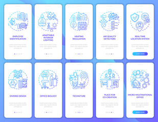 Smart workspace onboarding mobile app page screen with concepts set. Diverse design, regulation walkthrough 5 steps graphic instructions. UI, UX, GUI vector template with linear color illustrations