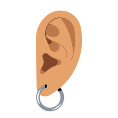 Ear with silver earring. Piercing. Auricle. Organ of hearing. Vector isolated illustration.