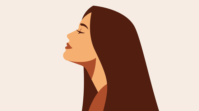 Beautiful woman with long hair, perfect skin. Beautiful, young woman, side view. Head and shoulders. Close-up female portrait in modern vector style. Removed location.