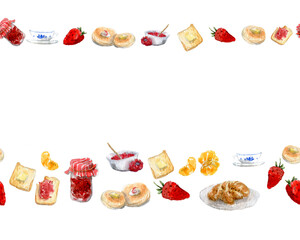 Watercolor illustration of Breakfast items, jam, toast, pancakes, border with copyspace, isolated on a white background. Horizontal stripes.