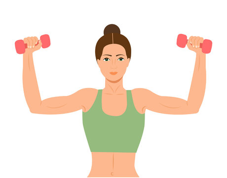 Woman doing fitness exercises. Pretty Fitness girl with dumbbells. Athletic woman holding dumbbells. Beautiful gym girl holing a dumbbell Vector illustration