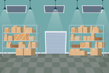 Warehouse interior in cartoon style with boxes, wooden containers, packages building inside. Industry shelfs and door, Empty logistic service