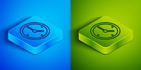 Isometric line Clock icon isolated on blue and green background. Time symbol. Square button. Vector