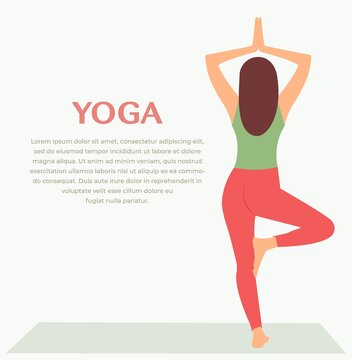 Woman practicing yoga fitness gymnastics. Banner with illustration of woman doing yoga asana or pilates exercise on mat Vector Illustration. Girl standing in vrksasana pose