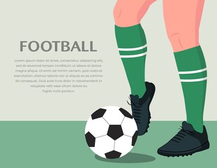 Banner of Soccer concept, Kicking Ball. Illustration of football player playing ball. Soccer player hits a ball. close up legs and feet of football player with ball, Vector Illustration