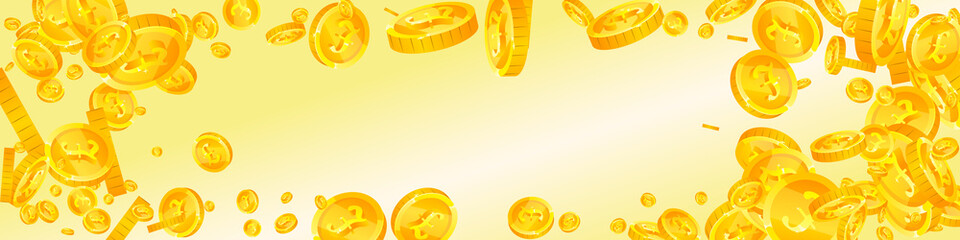 British pound coins falling. Dazzling scattered GBP coins. United Kingdom money. Fetching jackpot, wealth or success concept. Vector illustration.