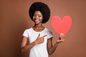 Photo of promoter girl indicate forefinger red heart figure wear white t-shirt isolated brown color background