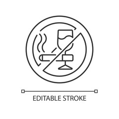 No alcohol and cigarettes linear icon. Avoid unhealthy habits. No drinking and smoking zone. Thin line customizable illustration. Contour symbol. Vector isolated outline drawing. Editable stroke