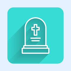 Fototapeta premium White line Grave with tombstone icon isolated with long shadow. Green square button. Vector