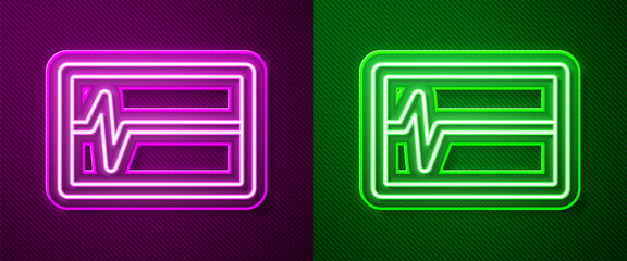 Glowing neon line Beat dead in monitor icon isolated on purple and green background. ECG showing death. Vector