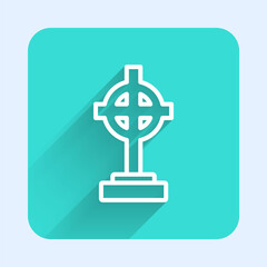 Obraz premium White line Grave with cross icon isolated with long shadow. Green square button. Vector