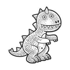 Stuffed soft toy dinosaur sketch engraving vector illustration. T-shirt apparel print design. Scratch board imitation. Black and white hand drawn image.