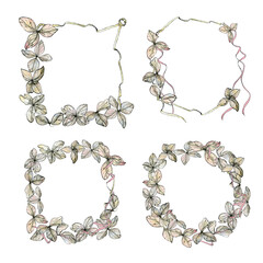 Frame, wreath of hydrangea petals, watercolor illustration. Romantic, floral border with copyspace, isolated on white background. Delicate pastel, elegant dried flowers invitation, vintage floral.