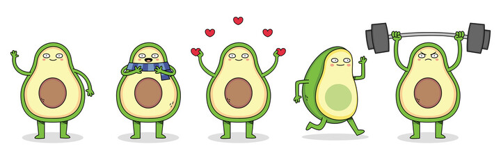 Cute avocado cartoon character set 1 of waving, wearing scarf, spreading love, running and weight lifting