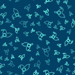 Naklejka na ściany i meble Green line Human stomach with magnifying glass icon isolated seamless pattern on blue background. Vector