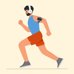 Fototapeta na wymiar Young man running with headphones and listen music on smartphone. Healthy lifestyle, sport, jogging and self care. Flat vector illustration. 