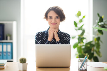 Portrait of attractive cheerful smart skilled girl expert browsing web report researching data...