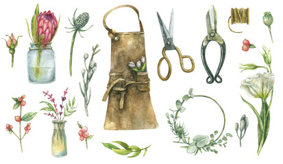 Watercolor set of florisat tools - flowers, scissors, apron, wreaths, pruning shears, bouquets, thread, rope - hand-drawn.