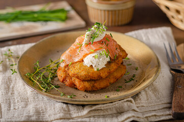 Delicious latkes with salmon