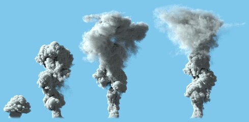 4 different renders of heavy gray smoke column as from volcano or big industrial explosion - pollution concept, illustration of object - obrazy, fototapety, plakaty