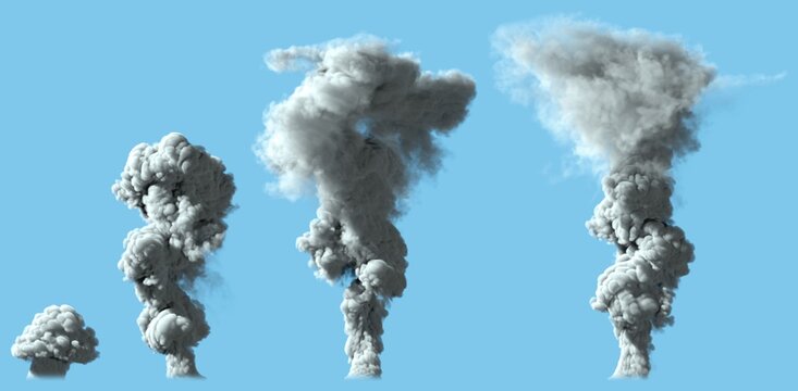4 different renders of heavy gray smoke column as from volcano or big industrial explosion - pollution concept, illustration of object