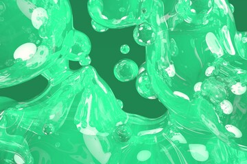 teal, sea-green soap glossy and shiny bubbles or liquid abstract gradient background or texture 3D illustration - soft focus background design template