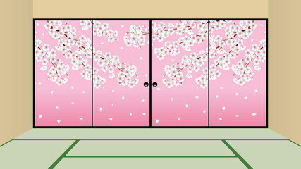 和室のイラスト。Illustration of Fusuma (Japanese sliding doors). Japanese style indoor illustration.