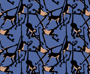 Seamless wallpaper pattern. Funny Cartoon Spider Monkey Characters with a long tail on a blue background. Textile composition, hand drawn style print. Vector illustration.