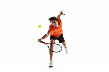 Young Caucasian man, tennis player training isolated on white background.
