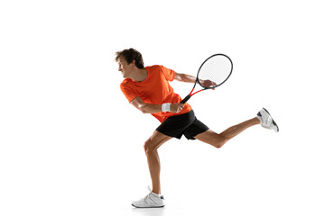 Young Caucasian man, tennis player training isolated on white background.