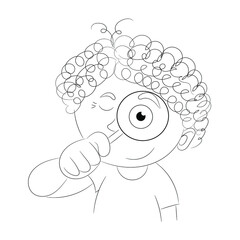 Sketch portrait of a curly-haired boy who is looking at us through a magnifying glass