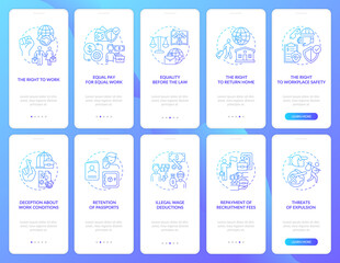 Migrant workers rights navy onboarding mobile app page screen with concepts set. Immigration walkthrough 5 steps graphic instructions. UI, UX, GUI vector template with linear color illustrations