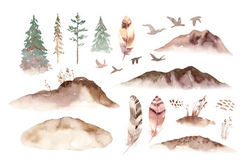 Fir new year Christmas tree set and mountain, landscape. isolated spruces on a light background. Watercolor painting.